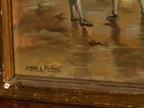 a painting of a man and a woman walking on the beach