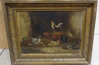 an old painting of chickens and chickens in a barn