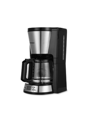 the black and silver coffee maker is sitting on a white surface