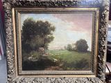 an oil painting of a landscape with sheep grazing in a field