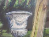 painting of a white urn in a park with a tree in the background