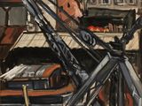 une peinture à l'huile représentant un bateau dans un port, avec des bâtiments en arrière-plan