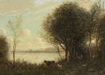 tableau représentant une scène fluviale avec des vaches qui paissent au premier plan
