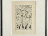 drawing of a group of men standing in front of a building