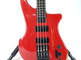 a red electric bass guitar on a stand on a white background