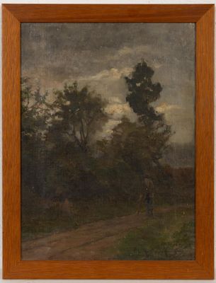 an oil painting on canvas of a landscape with trees and a road
