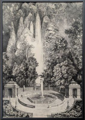 un vieux dessin représentant une fontaine dans un parc entouré d'arbres