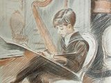 a drawing of a boy sitting in a chair reading a book