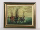 a picture of a painting of boats in the water