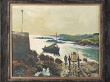 an oil painting of a group of people standing on a rocky beach