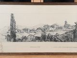 un vieux dessin représentant un paysage avec une église en arrière-plan
