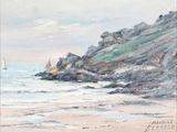 une peinture à l'huile représentant un voilier sur l'océan, près d'une côte rocheuse