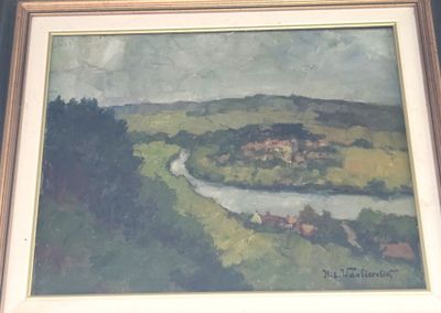 peinture représentant un paysage avec une rivière et un village au loin