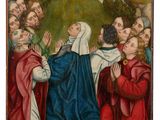 a painting of a group of people standing around a woman in a blue dress