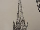 drawing of a church steeple with a street light in the foreground