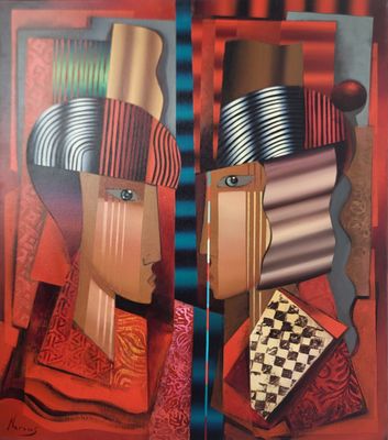 tableau représentant les visages d'un homme et d'une femme portant des chapeaux