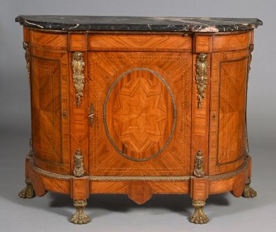 a small wooden cabinet with a marble top