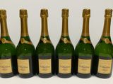 six bouteilles de champagne alignées sur une surface blanche