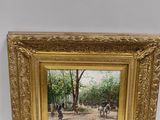un tableau représentant une scène de parc avec des personnes et des arbres