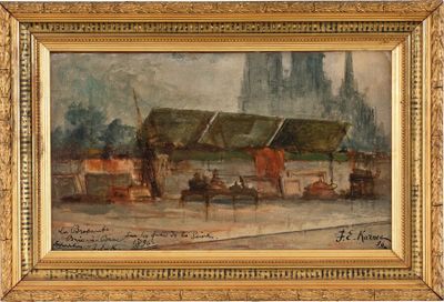 une peinture à l'huile représentant une scène de rue avec une calèche au premier plan