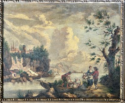 painting of a river scene with figures in a boat and a castle in the background