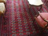 un salon avec un tapis rouge, des fauteuils et une table basse