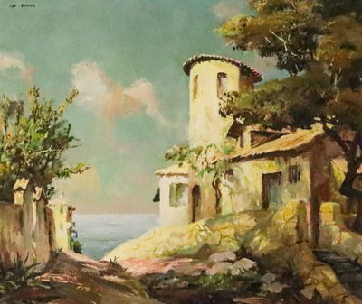 une peinture à l'huile représentant une maison située sur une falaise surplombant l'océan