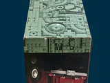 a green box with a train on it on a blue background