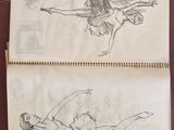 two drawings of a woman on a horse and a man on a horse