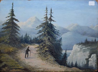 un tableau représentant un homme marchant sur un sentier de montagne