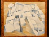 une image représentant un tableau représentant des cubes blancs dans un cadre en bois