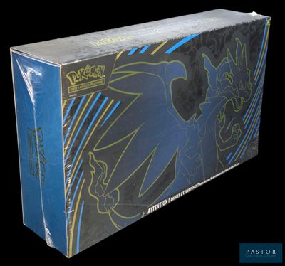 La boîte du jeu de cartes à collectionner Pokémon arbore un motif bleu et jaune.