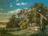 a painting of a painting of a farm scene with cows