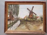 an oil painting of a windmill on a wall next to a road