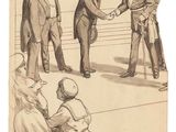 un vieux dessin représentant un groupe d'hommes se serrant la main sur un ring de boxe