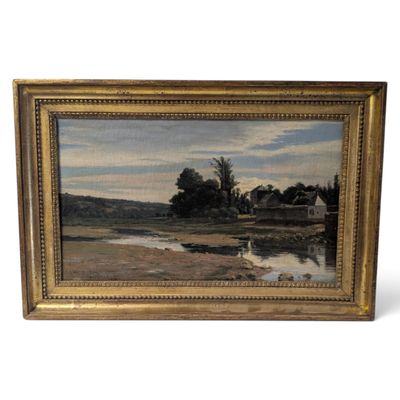 an image of a painting of a landscape with a river in the foreground and trees in the background