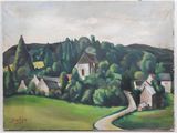 an oil painting of a village with a road going through it