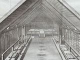 a drawing of a room with benches and benches in it