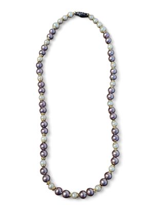 a purple and white pearl necklace on a white background