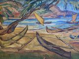 une peinture représentant des bateaux sur la plage, près de l'eau