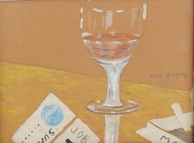 une peinture représentant un verre de vin posé sur une table