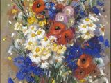un tableau représentant un bouquet de fleurs dans un vase posé sur une table