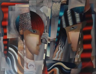 un tableau représentant deux personnes portant des chapeaux différents