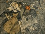 une image représentant un dessin d'une femme en robe et d'un homme à cheval