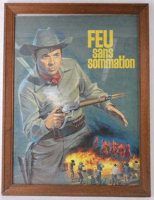 painting of a man holding a gun in front of a poster