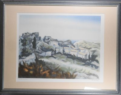 aquarelle encadrée représentant un paysage avec un village au loin