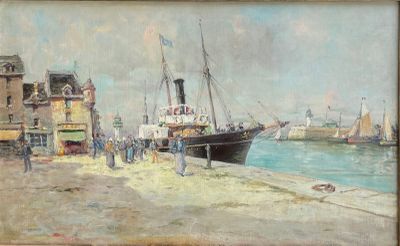 a painting of a boat on the shore of a harbor