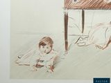 a drawing of a woman and a child sitting under a table