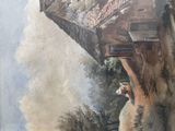 a painting on the wall of a building with a bird perched on it