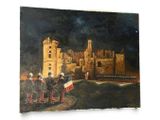 painting of a painting of a group of people in front of a castle at night